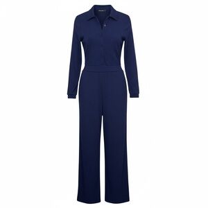 Collared Navy Long-Sleeve Jumpsuit
